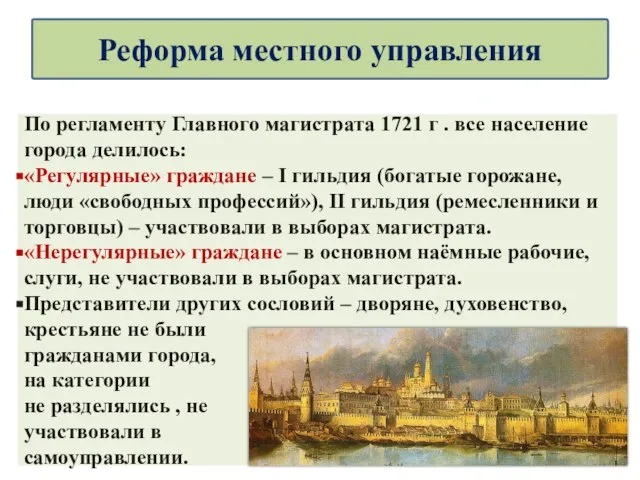 По регламенту Главного магистрата 1721 г . все население города делилось: «Регулярные»