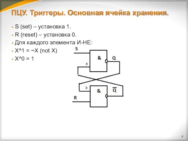 ПЦУ. Триггеры. Основная ячейка хранения. S (set) – установка 1. R (reset)