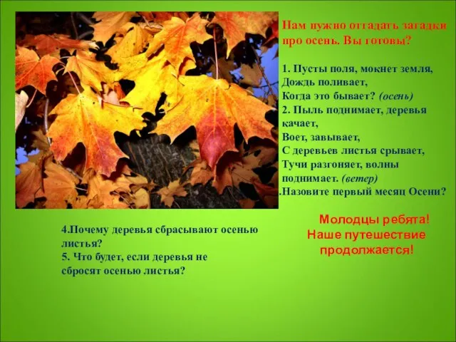 Нам нужно отгадать загадки про осень. Вы готовы? 1. Пусты поля, мокнет