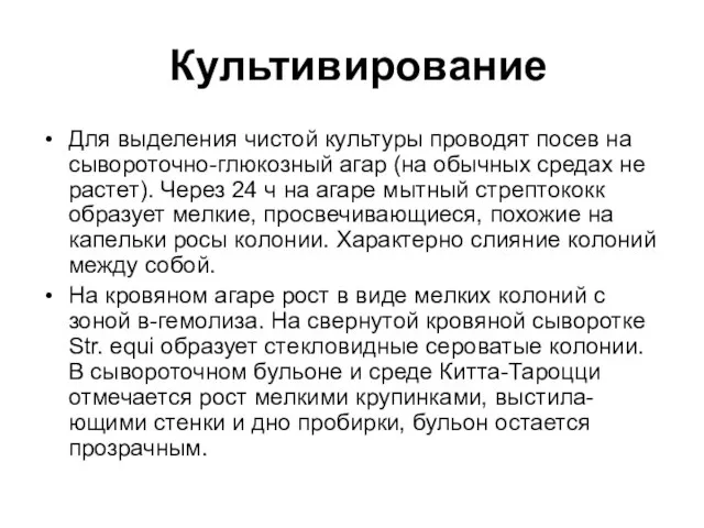 Культивирование Для выделения чистой культуры проводят посев на сывороточно-глюкозный агар (на обычных