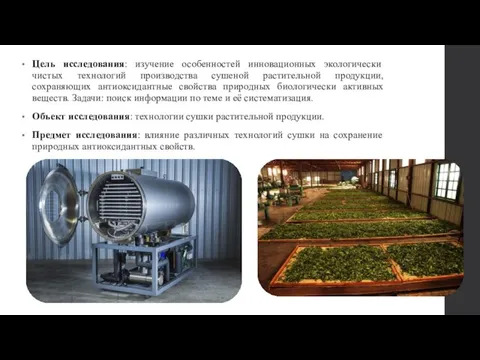 Цель исследования: изучение особенностей инновационных экологически чистых технологий производства сушеной растительной продукции,