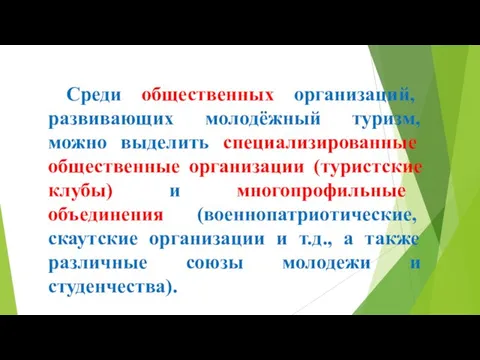 Среди общественных организаций, развивающих молодёжный туризм, можно выделить специализированные общественные организации (туристские