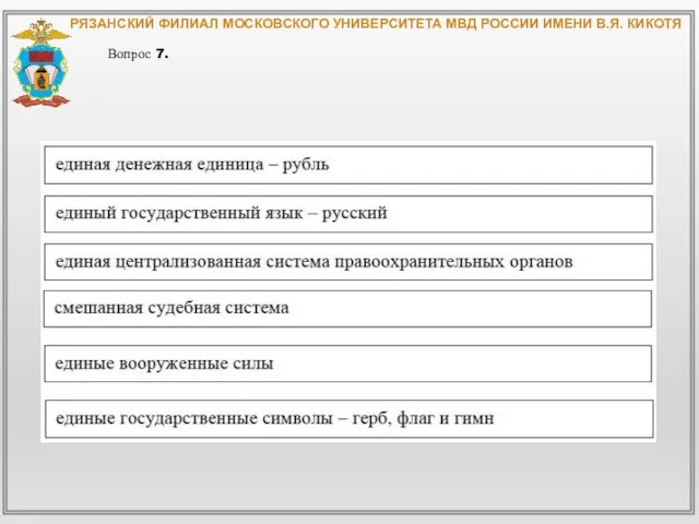 РЯЗАНСКИЙ ФИЛИАЛ МОСКОВСКОГО УНИВЕРСИТЕТА МВД РОССИИ ИМЕНИ В.Я. КИКОТЯ Вопрос 7.