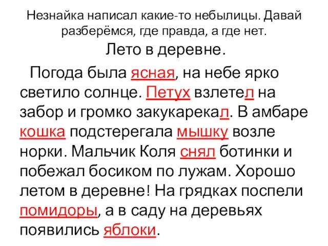 Незнайка написал какие-то небылицы. Давай разберёмся, где правда, а где нет. Лето