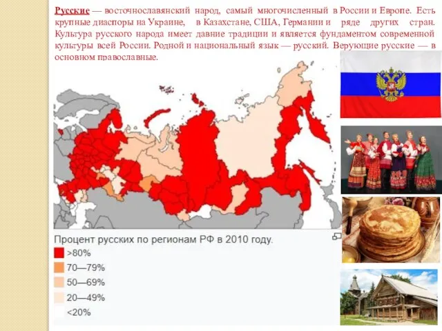 Русские — восточнославянский народ, самый многочисленный в России и Европе. Есть крупные