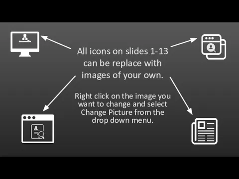 All icons on slides 1-13 can be replace with images of your