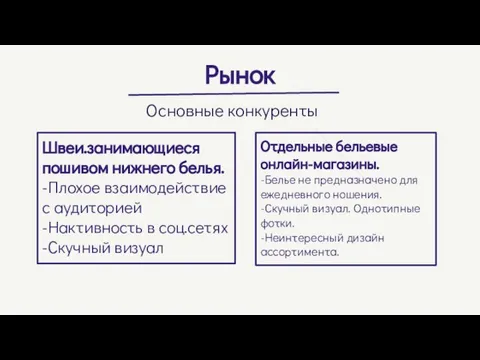 Рынок Основные конкуренты Швеи.занимающиеся пошивом нижнего белья. -Плохое взаимодействие с аудиторией -Нактивность