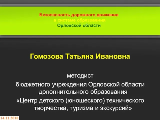 Безопасность дорожного движения в системе образования Орловской области Гомозова Татьяна Ивановна методист