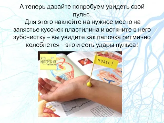 А теперь давайте попробуем увидеть свой пульс. Для этого наклейте на нужное