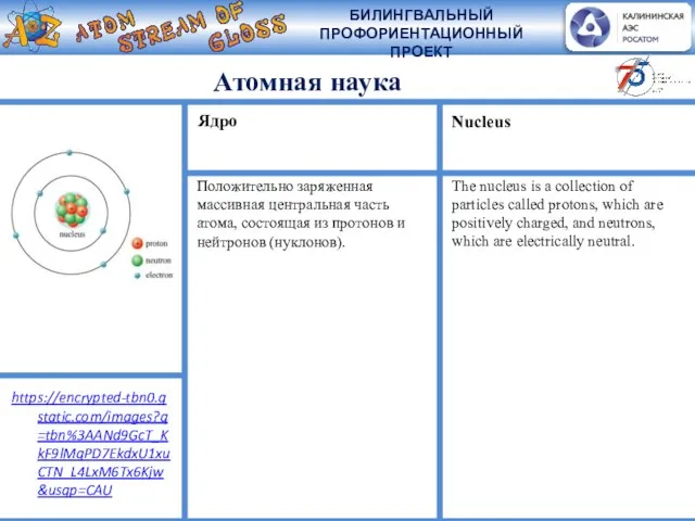 Атомная наука Положительно заряженная массивная центральная часть атома, состоящая из протонов и