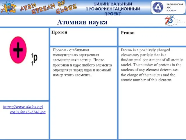 Атомная наука Протон - стабильная положительно заряженная элементарная частица. Число протонов в