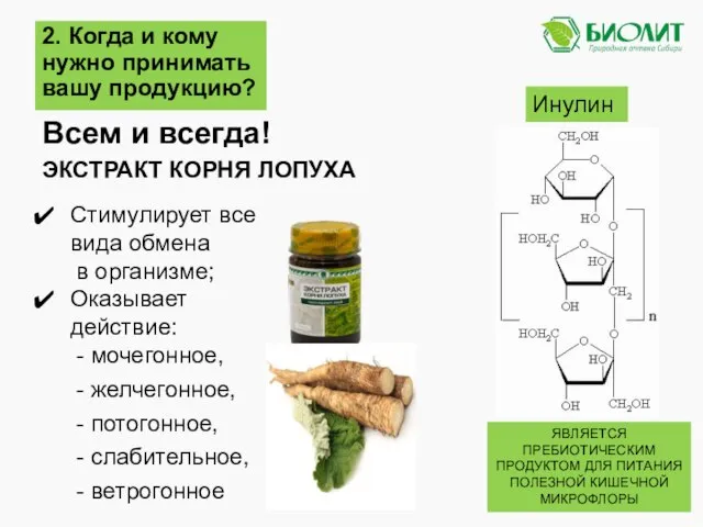 2. Когда и кому нужно принимать вашу продукцию? Инулин ЯВЛЯЕТСЯ ПРЕБИОТИЧЕСКИМ ПРОДУКТОМ