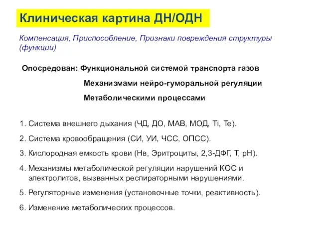 Клиническая картина ДН/ОДН 1. Система внешнего дыхания (ЧД, ДО, МАВ, МОД, Тi,