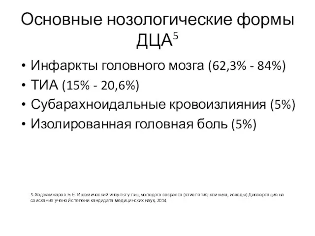 Основные нозологические формы ДЦА5 Инфаркты головного мозга (62,3% - 84%) ТИА (15%