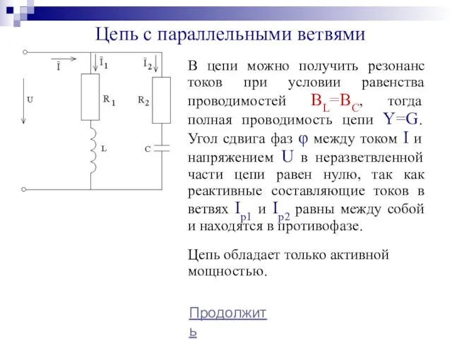 Цепь с параллельными ветвями Продолжить В цепи можно получить резонанс токов при