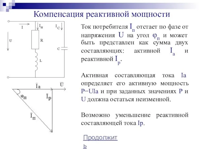 Компенсация реактивной мощности Продолжить Ток потребителя Iп отстает по фазе от напряжения