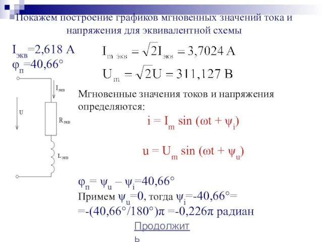 Iэкв=2,618 А φп=40,66° Продолжить Покажем построение графиков мгновенных значений тока и напряжения