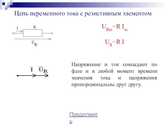 Цепь переменного тока с резистивным элементом Продолжить URm=R Im UR=R I Напряжение