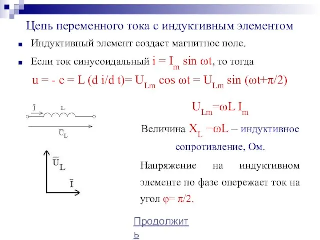 Цепь переменного тока с индуктивным элементом Индуктивный элемент создает магнитное поле. Если