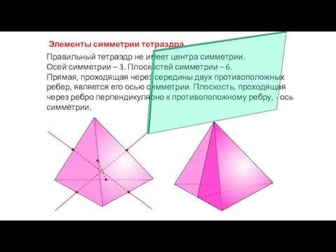 Правильный тетраэдр не имеет центра симметрии. Осей симметрии – 3. Плоскостей симметрии