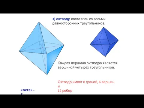 3) октаэдр составлен из восьми равносторонних треугольников. Каждая вершина октаэдра является вершиной