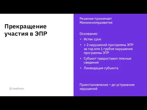 Решение принимает Минэкономразвития Основания: Истек срок > 2 нарушений программы ЭПР за