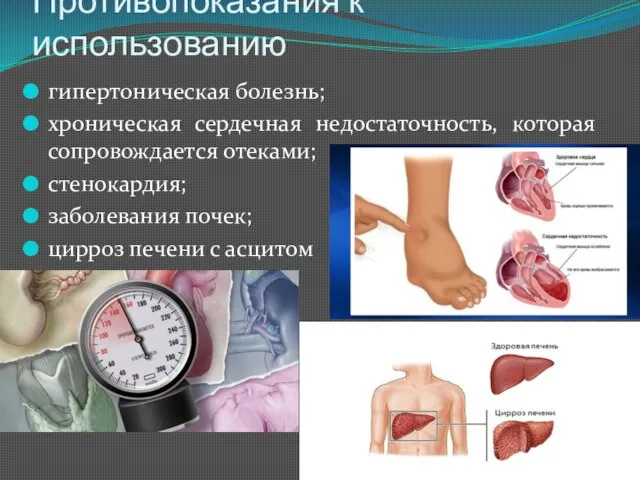 Противопоказания к использованию гипертоническая болезнь; хроническая сердечная недостаточность, которая сопровождается отеками; стенокардия;