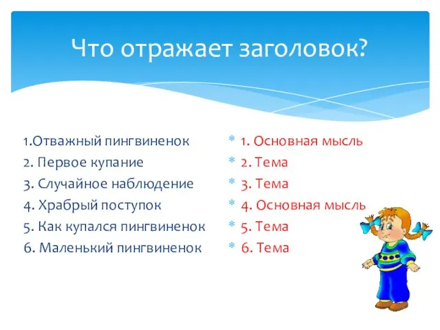 Что отражает заголовок? 1.Отважный пингвиненок 2. Первое купание 3. Случайное наблюдение 4.