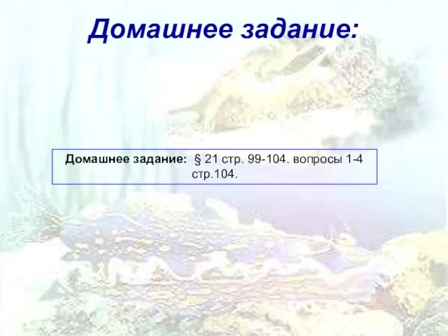 Домашнее задание: Домашнее задание: § 21 стр. 99-104. вопросы 1-4 стр.104.