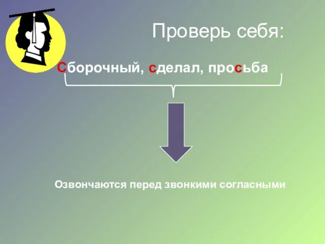 Проверь себя: Сборочный, сделал, просьба Озвончаются перед звонкими согласными