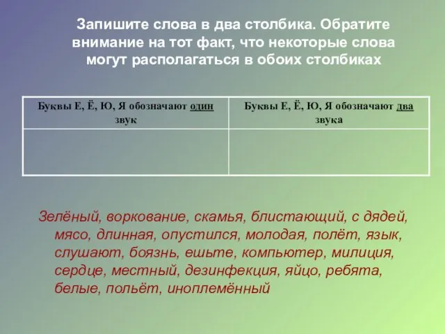 Запишите слова в два столбика. Обратите внимание на тот факт, что некоторые