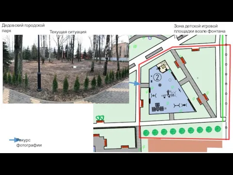 Дедовский городской парк Зона детской игровой площадки возле фонтана (3-7) Ракурс фотографии Текущая ситуация