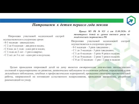 Патронажи к детям первого года жизни Патронажи участковой медицинской сестрой осуществляется в