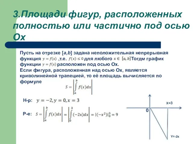 3.Площади фигур, расположенных полностью или частично под осью Ох Пусть на отрезке