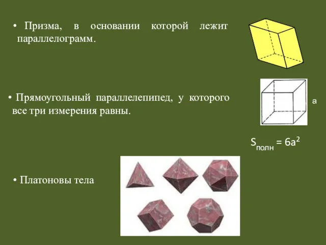 Платоновы тела Призма, в основании которой лежит параллелограмм. Прямоугольный параллелепипед, у которого