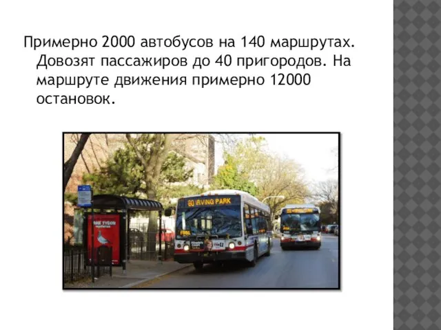 Примерно 2000 автобусов на 140 маршрутах. Довозят пассажиров до 40 пригородов. На