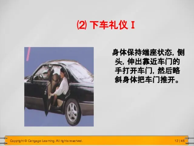 ⑵ 下车礼仪Ⅰ 身体保持端座状态，侧头，伸出靠近车门的手打开车门，然后略斜身体把车门推开。