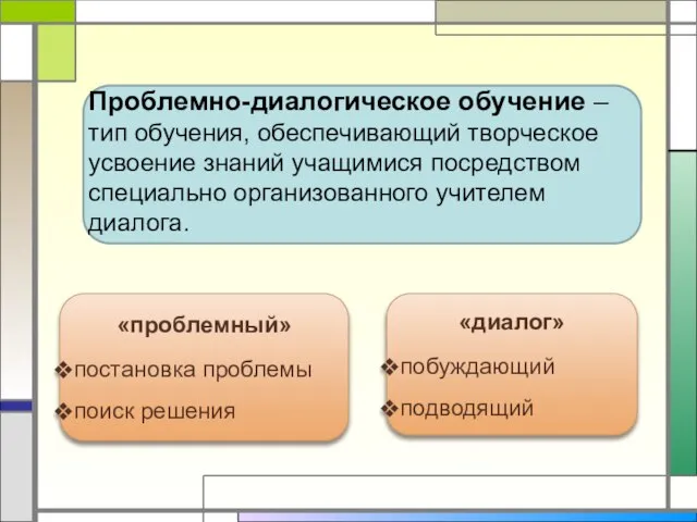 Проблемно-диалогическое обучение – тип обучения, обеспечивающий творческое усвоение знаний учащимися посредством специально