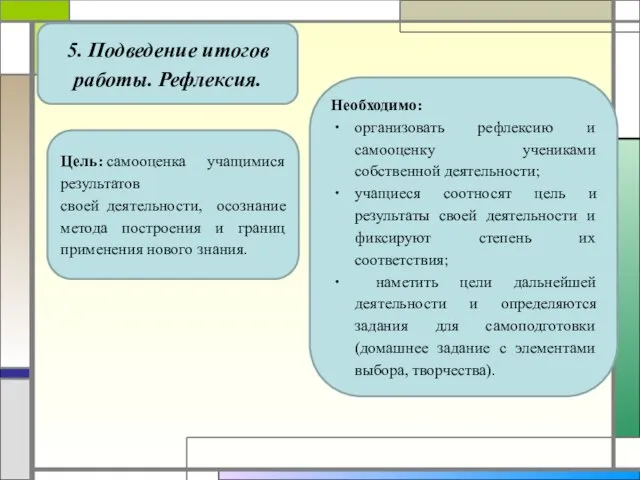 5. Подведение итогов работы. Рефлексия. Цель: самооценка учащимися результатов своей деятельности, осознание