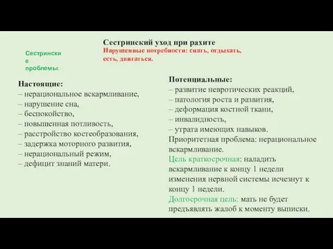 Настоящие: – нерациональное вскармливание, – нарушение сна, – беспокойство, – повышенная потливость,