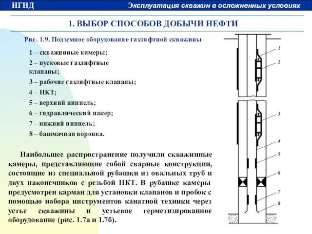 1. ВЫБОР СПОСОБОВ ДОБЫЧИ НЕФТИ 1 – скважинные камеры; 2 – пусковые