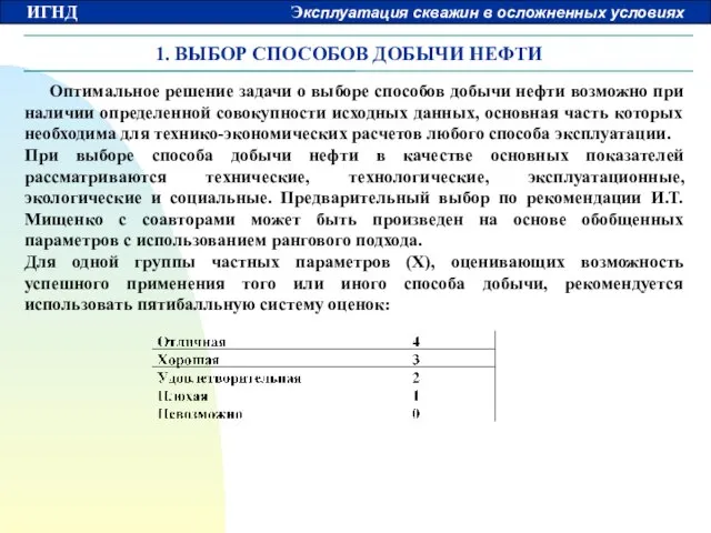 1. ВЫБОР СПОСОБОВ ДОБЫЧИ НЕФТИ Оптимальное решение задачи о выборе способов добычи