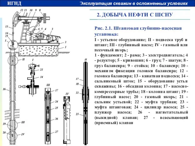 2. ДОБЫЧА НЕФТИ С ШСНУ Рис. 2.1. Штанговая глубинно-насосная установка: I -