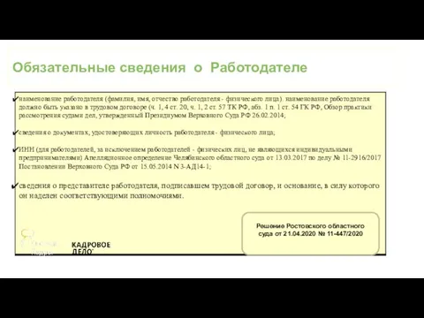 Обязательные сведения о Работодателе Решение Ростовского областного суда от 21.04.2020 № 11-447/2020