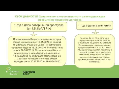 СРОК ДАВНОСТИ Привлечения к ответственности за ненадлежащее оформление трудового договора Постановление Второго