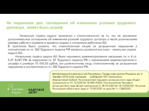 Не подписали доп. соглашение об изменении условий трудового договора, может быть штраф