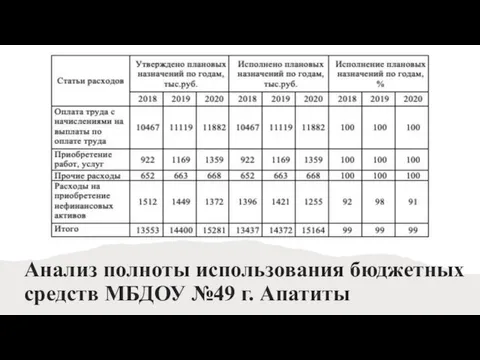 Анализ полноты использования бюджетных средств МБДОУ №49 г. Апатиты