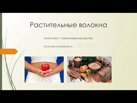 Растительные волокна Клетчатка + пектиновые вещества Суточная потребность - 25-30 г