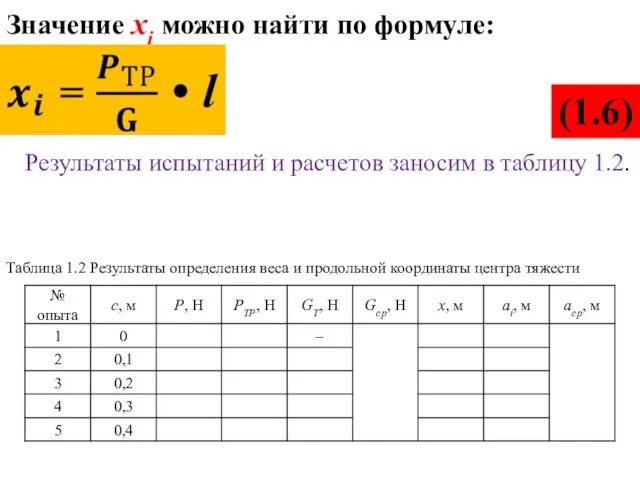 Значение xi можно найти по формуле: (1.6) Результаты испытаний и расчетов заносим