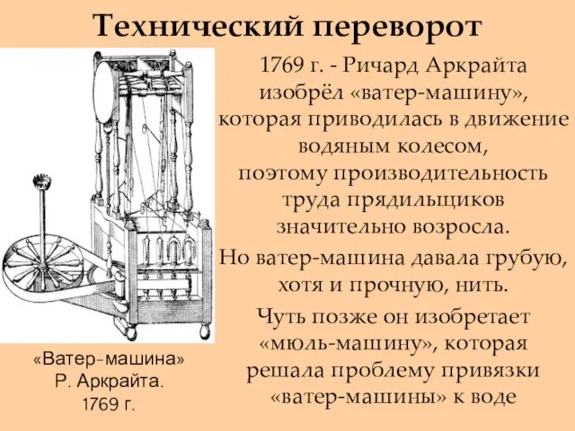 Технический переворот «Ватер-машина» Р. Аркрайта. 1769 г. 1769 г. - Ричард Аркрайта